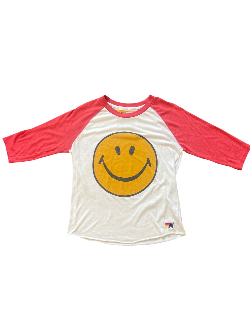 Aviator Nation White Tee with Yellow Smiley and Red Raglan Sleeves